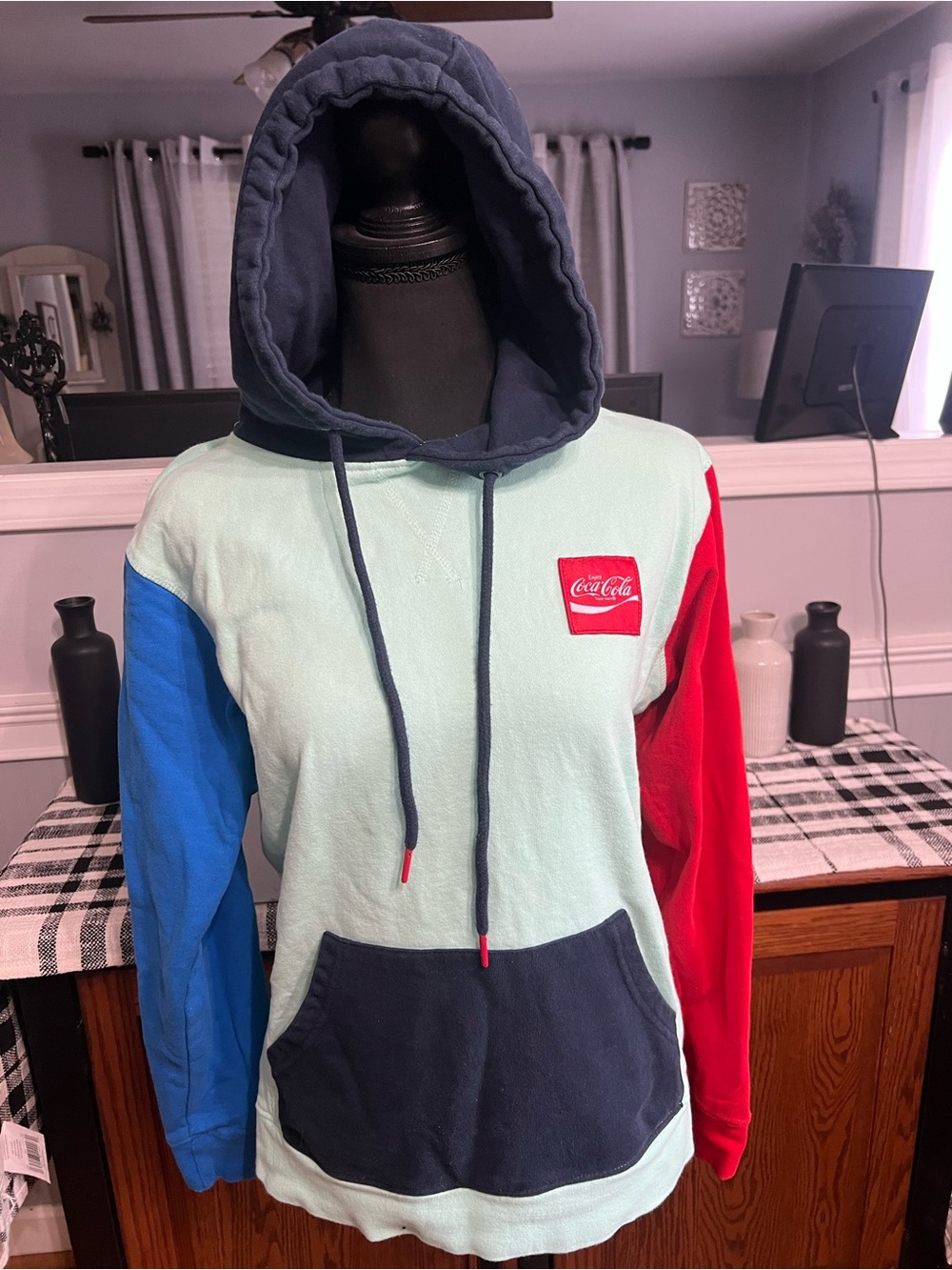 Coca-Cola Mint Colorblock Hoodie Sweatshirt-English & Japanese Lettering